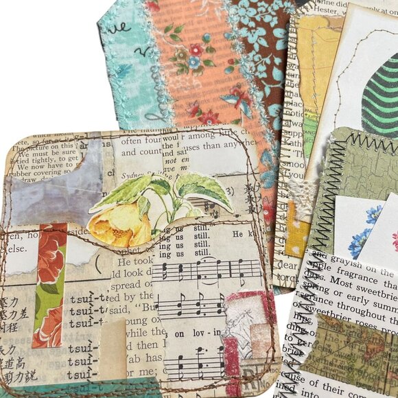 5 Handmade Bookmark Junk Journal Tags Sewn Vintage Style Scrapbook u D - Picture 3 of 7